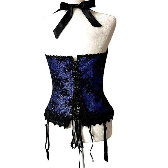 Fredericks of Hollywood Dream Halter Corset blue with black lace lace up 38 EUC - Picture 2 of 6